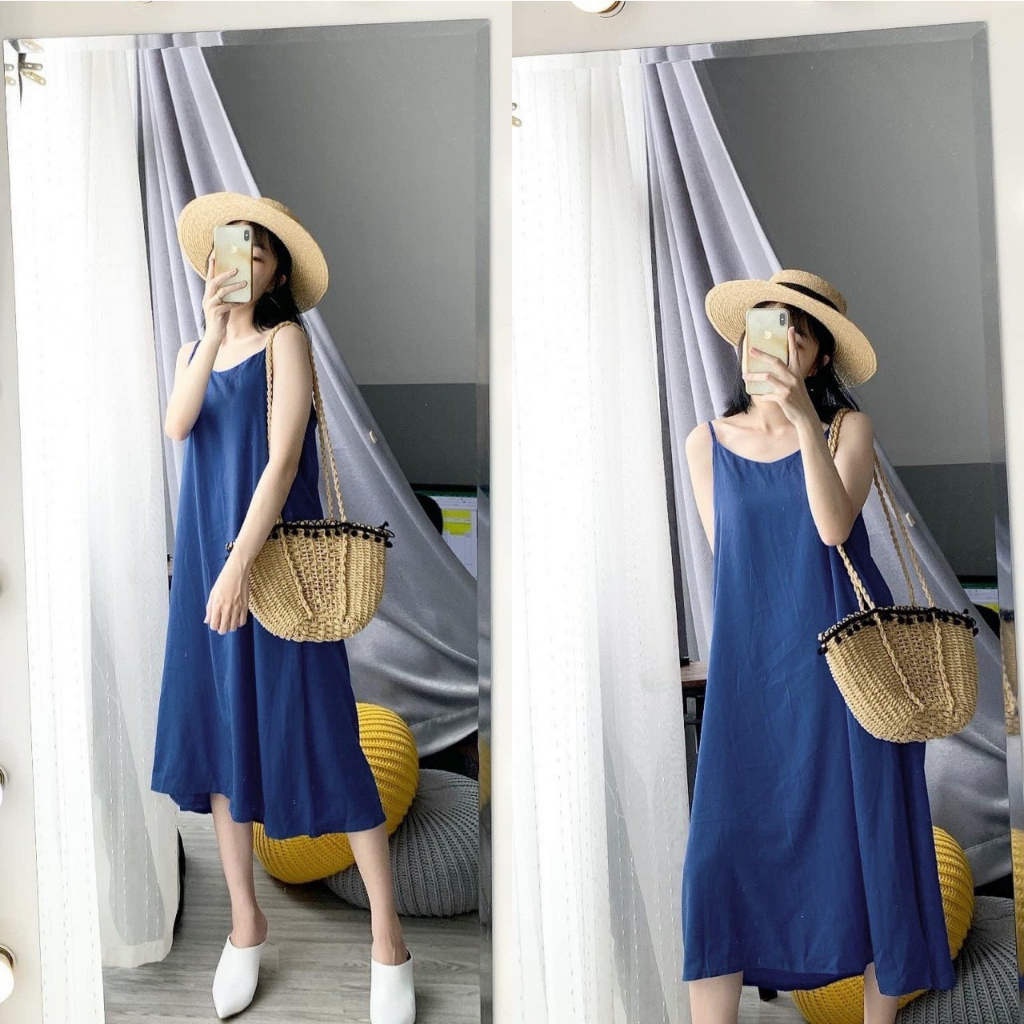Váy lụa 2 dây suông ulzzang dáng dài maxi đi biển chất lụa cao cấp dày dặn,siêu đẹp