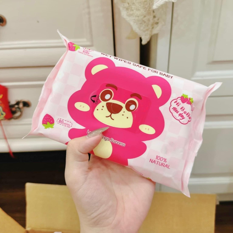 Sỉ 1 Thùng 10 Gói /800 Khăn Giấy Ướt Gấu Dâu Tây