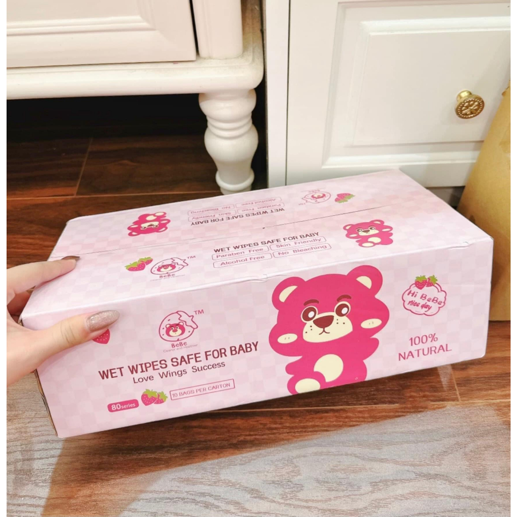 Sỉ 1 Thùng 10 Gói /800 Khăn Giấy Ướt Gấu Dâu Tây