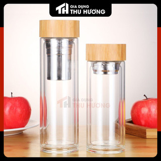 Bình thủy tinh 2 lớp cao cấp có lõi lọc trà nắp tre 300ml - 500ml