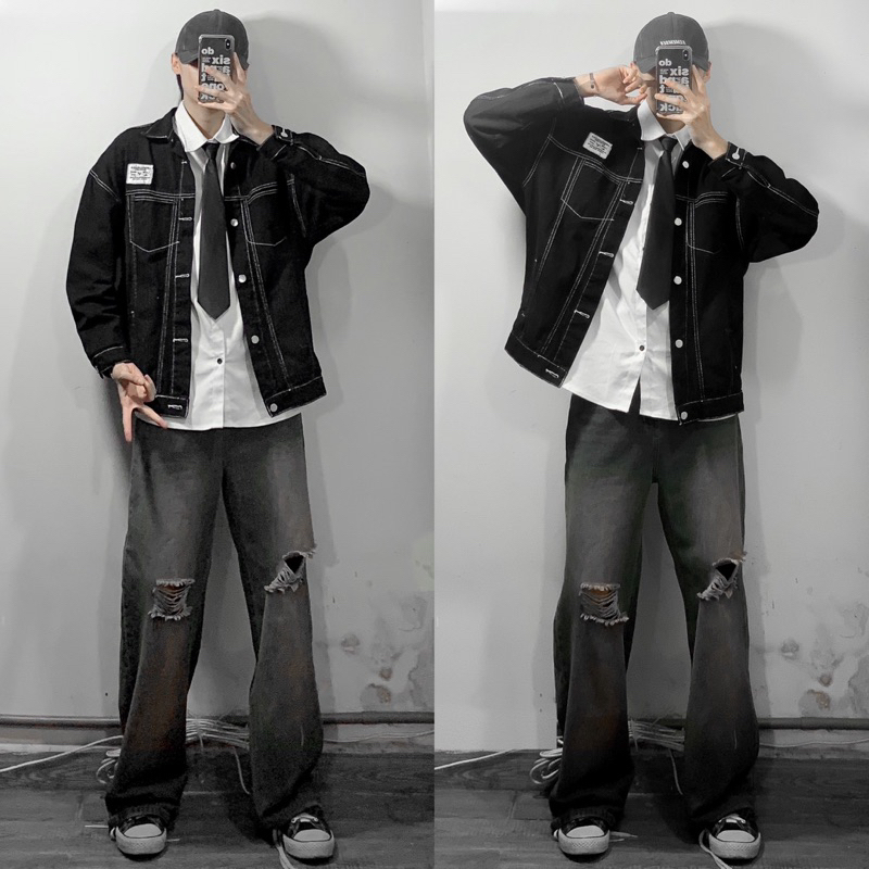 ÁO KHOÁT JEANS  ĐEN CHỈ NỔI TRẮNG HOT TREND HALO KAKI