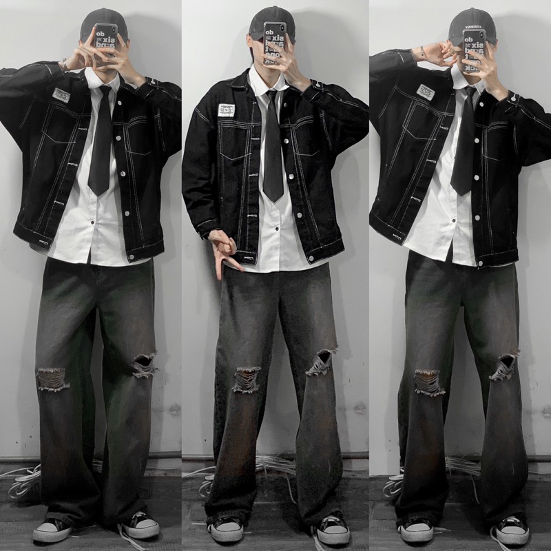ÁO KHOÁT JEANS  ĐEN CHỈ NỔI TRẮNG HOT TREND HALO KAKI