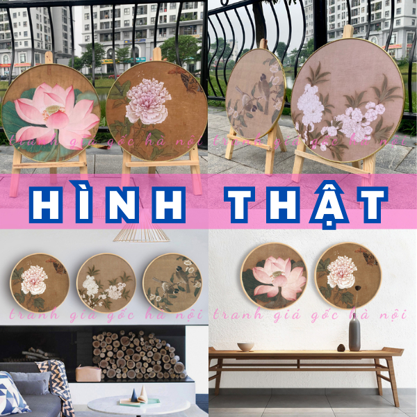 Tranh tròn tráng gương-canvas hoa lá cổ kính thân gỗ liền khối gắn sẵn móc treo tặng đinh treo đủ size 40cm, 50cm, 60cm