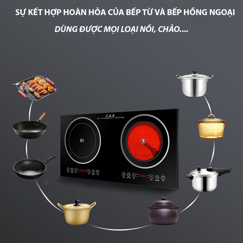 BẾP TỪ ĐÔI, BẾP ĐIỆN TỪ HỒNG NGOẠI ĐÔI KHÔNG KÉN NỒI TIẾT KIỆM ĐIỆN, KÍNH CƯỜNG LỰC CHỊU NHIỆT, CHỊU LỰC