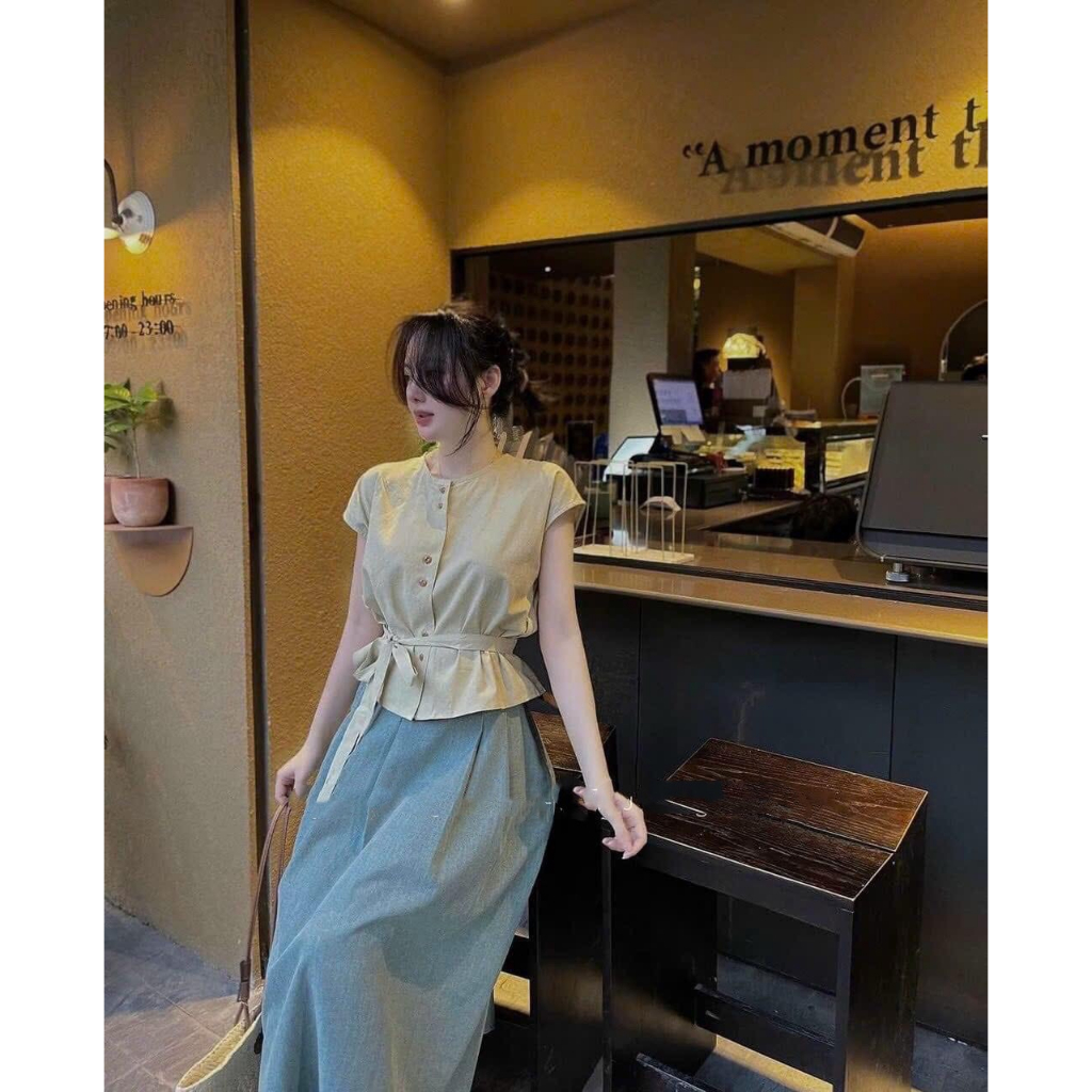 Áo sơ mi vàng chanh phối chân váy denim, set áo tay hến thiết kế cao cấp sang trọng đi làm đi chơi đi tiệc