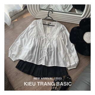 Set áo ren trắng mix quần sooc tafta Kiều Trang Basic