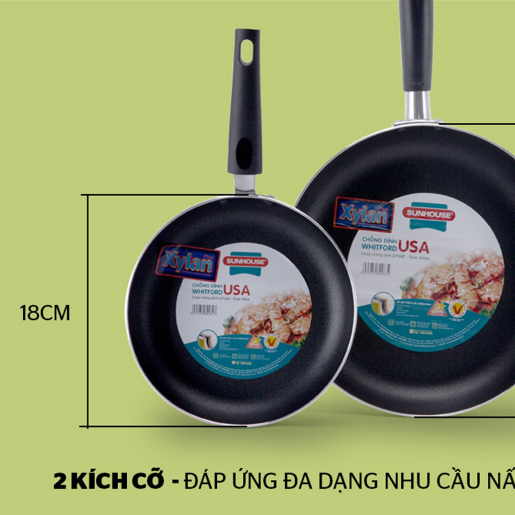 Cặp chảo nhôm trơn cạn SUNHOUSE Phi 18 + 24cm