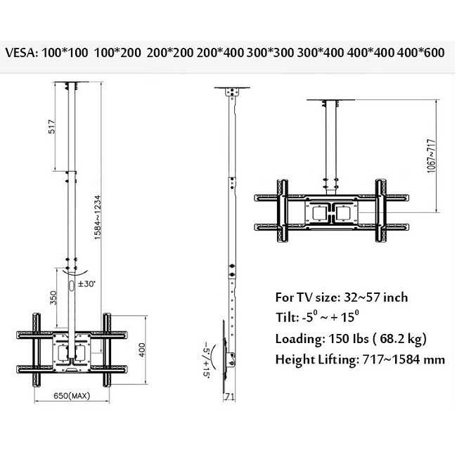 Giá treo thả trần màn hình Tivi North Bayou NB T560-15 từ 32 - 75 inch, Tải trọng 68 kg, Xoay linh hoạt