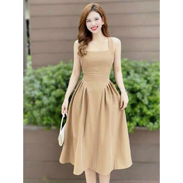 Váy đầm hai dây bản to chiết eo xếp li dáng xòe ,đầm midi màu nâu hàng loại 1 dự tiệc đi chơi sang chảnh