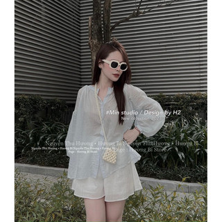 Set áo sơmi kẻ xanh quần đũi trắng