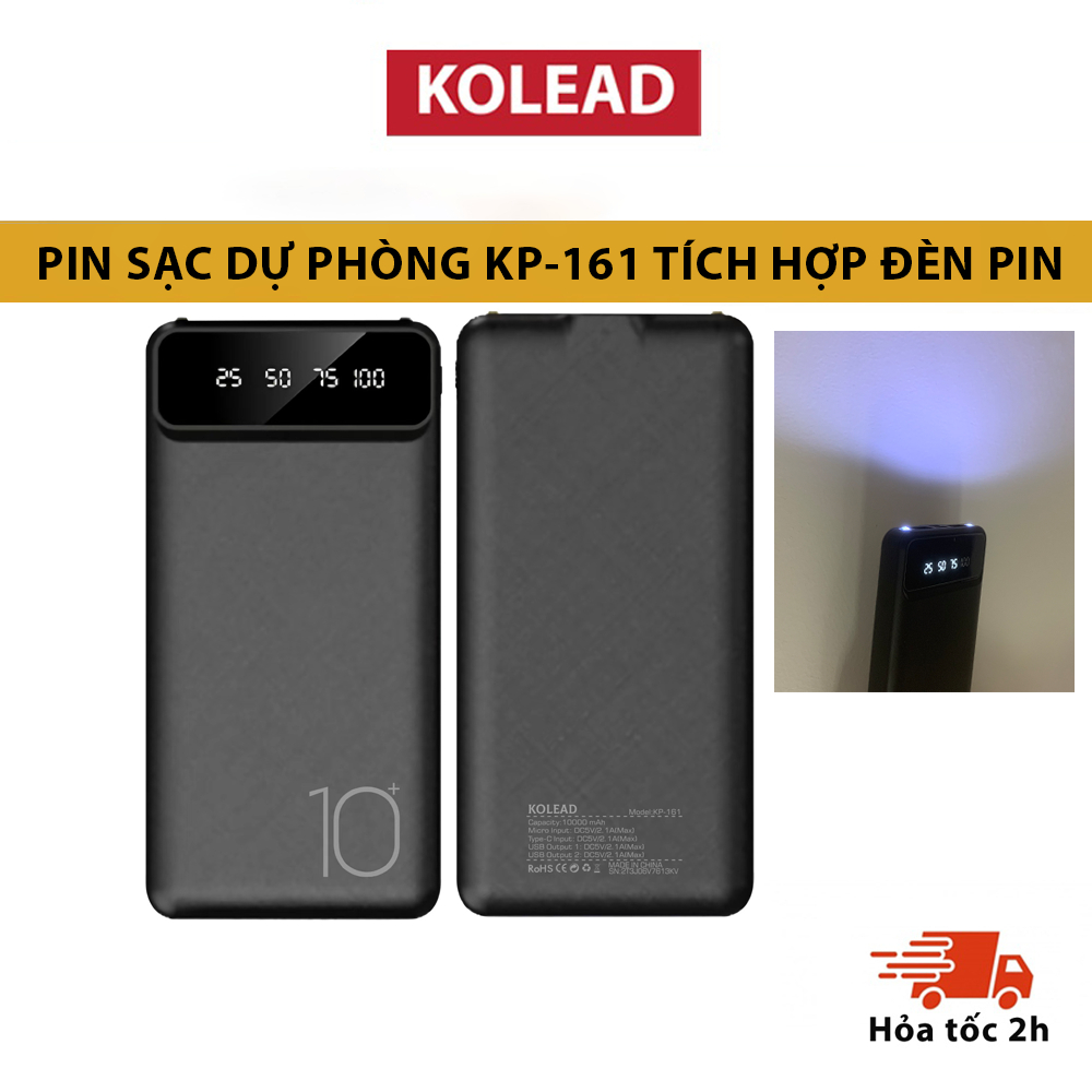 [ ĐÈN PIN] Pin sạc dự phòng tích hợp đèn pin siêu sáng KOLEAD KP161 10000mAh có màn hình LED hiển thị pin, nhỏ gọn