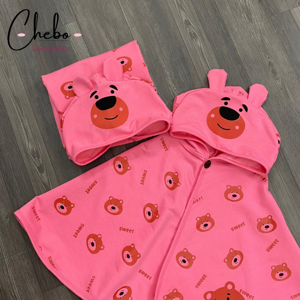 Áo choàng nắng gấu dâu hồng dễ thương cho bé chất Cotton da cá,thấm hút mồ hôi,chống tia UV