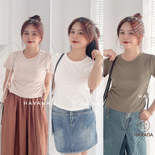 Áo kiểu cổ tròn xẻ tà rút dây hai bên eo, áo thun tay ngắn rút dây 2 bên HE267