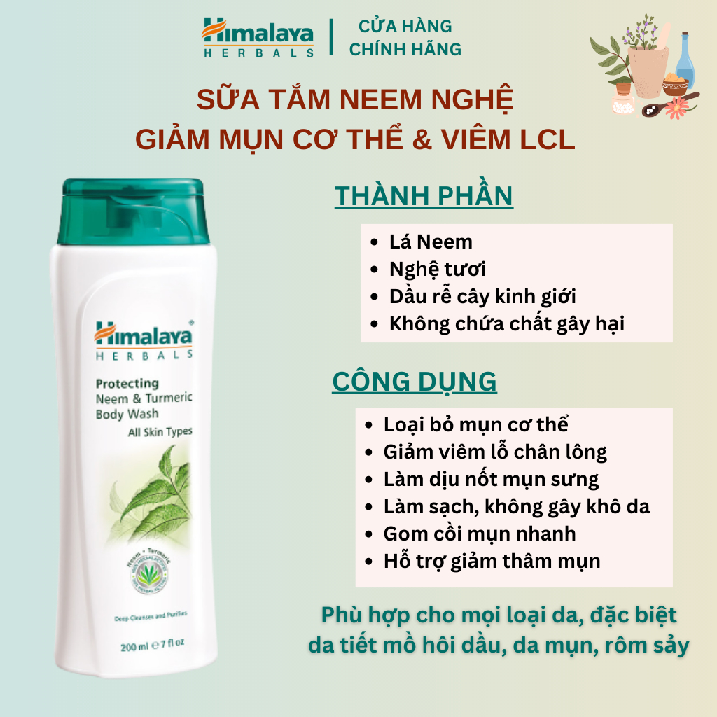 Sữa tắm giảm mụn thâm chiết xuất lá neem Himalaya Protecting Neem & Turmeric Body Wash 200ml