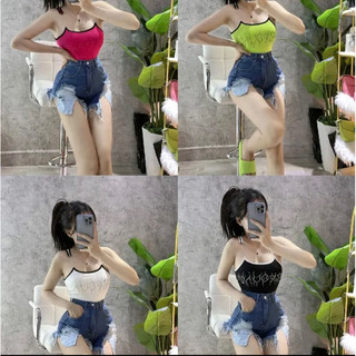 Áo croptop 2 dây phối hoạ tiết có mút đệm fom croptop ngắn trên rún