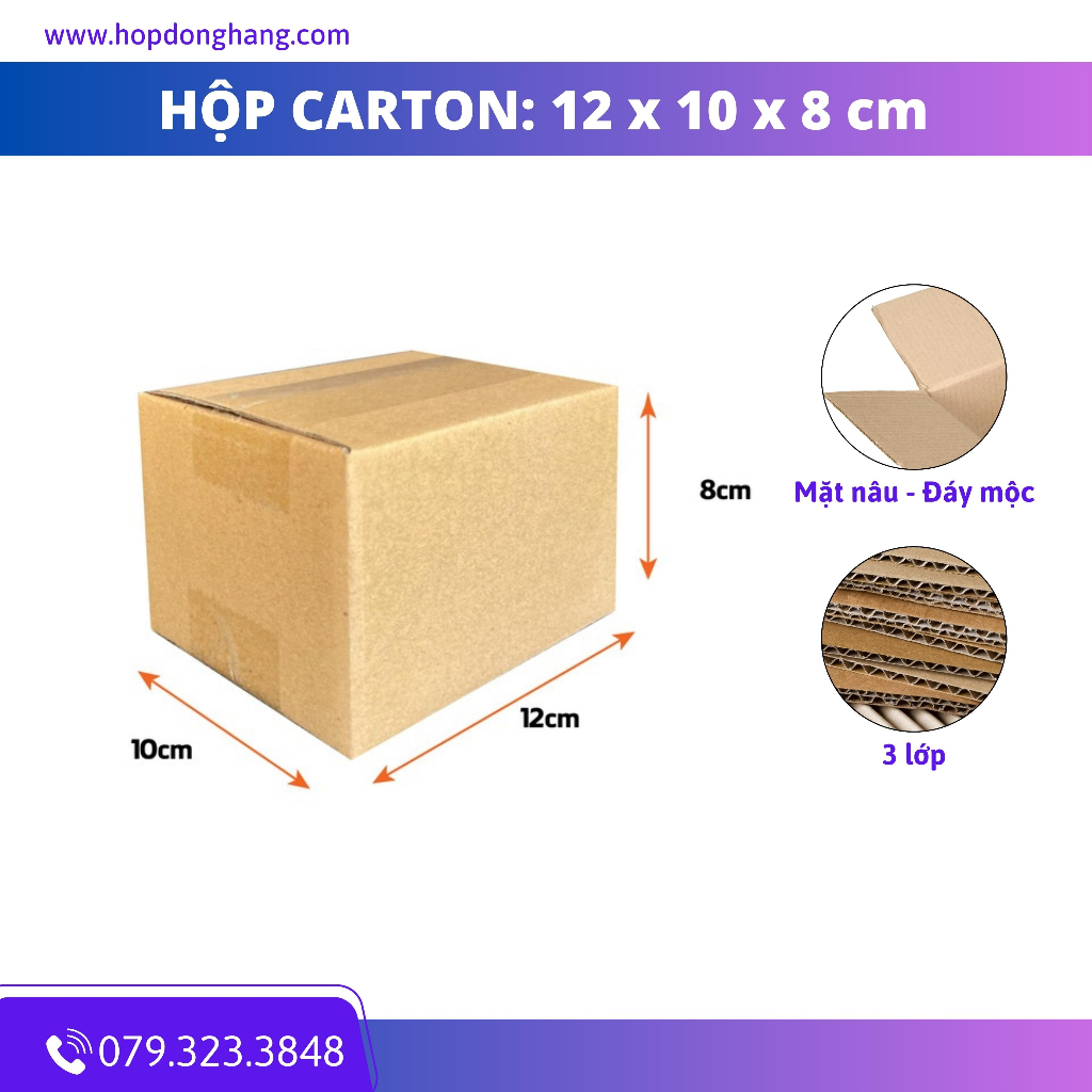 12x10x8 combo 100 Hộp Carton Đóng Hàng Hộp Ship COD 3 Lớp sóng E Mặt Nâu