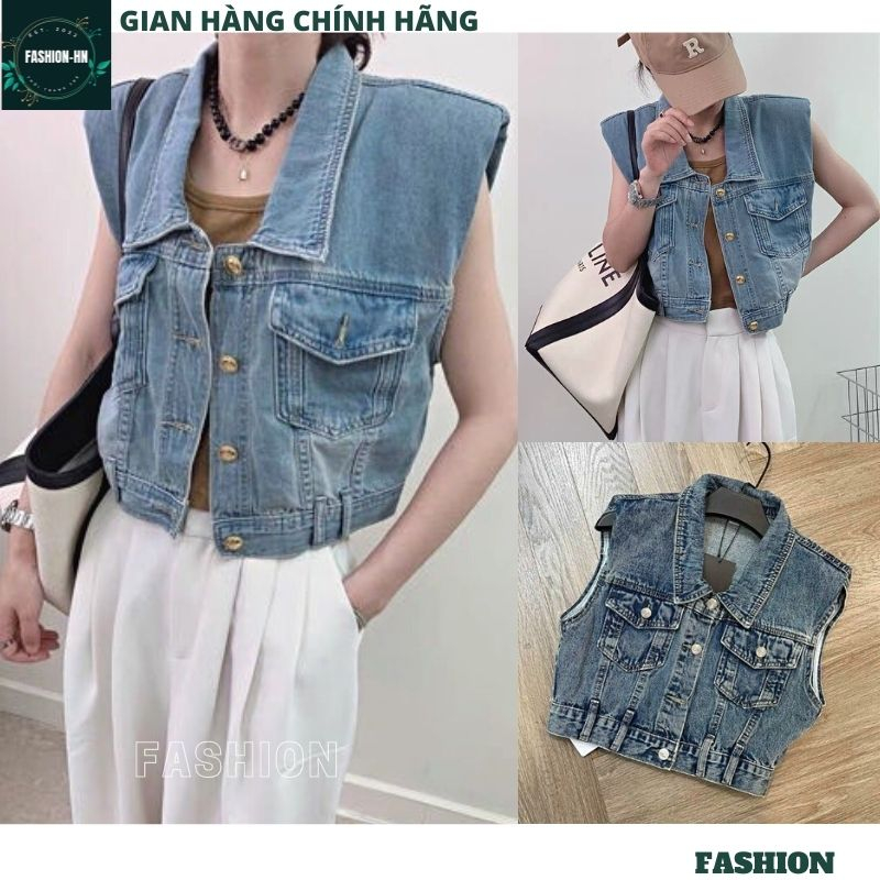 Áo khoác gile bò croptop màu xanh đậm - Áo jean 3 lỗ cúc giữa dáng ngắn trẻ trung phong cách FASHION AKB16