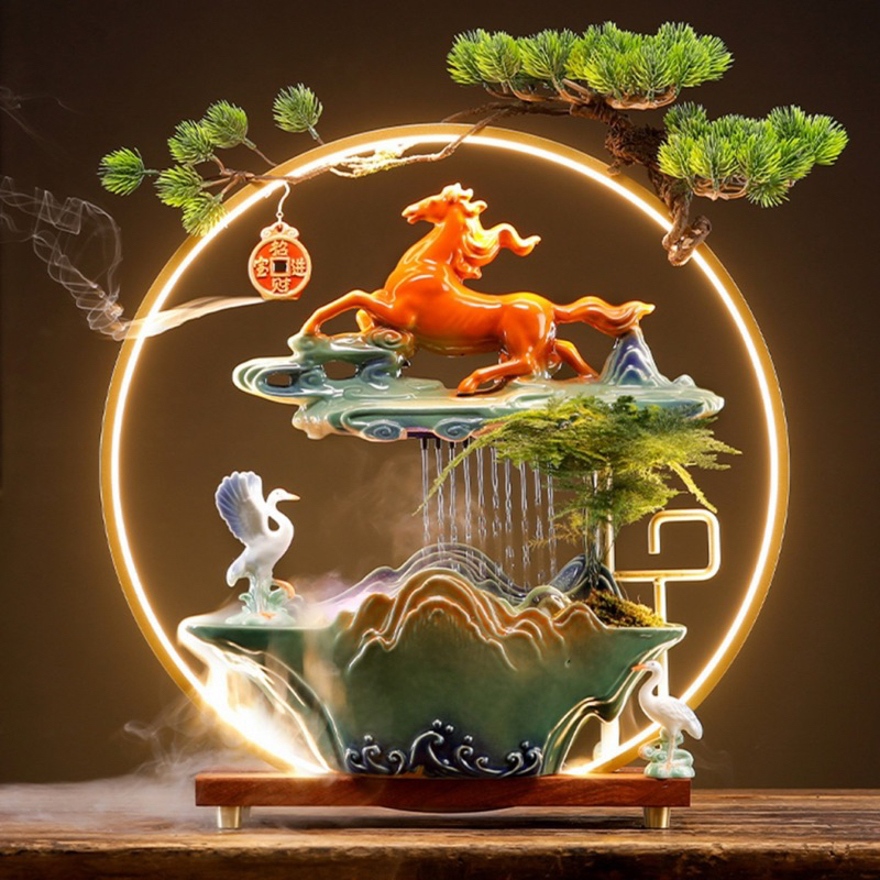 Thác Nước Phong Thủy Khói Trầm Hương Đèn Led Full Bộ Tạo Khói, Đài Thưởng Trầm Hương Phong Thuỷ