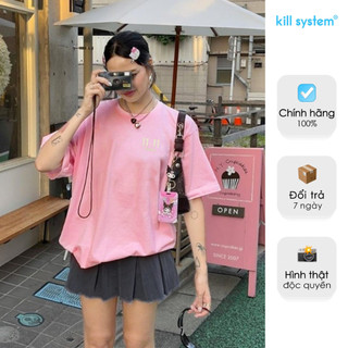 Áo thun oversize và form fit Kill System hình thêu số 11:11 màu hồng chất thun cotton tay ngắn nam nữ