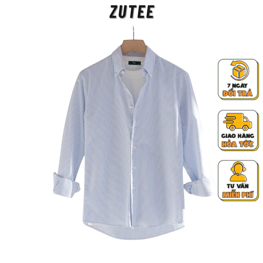 Áo sơ mi nam nữ kẻ sọc xanh form rộng dài tay ZUTEE phong cách hàn quốc, Áo sơ mi nam nữ unisex