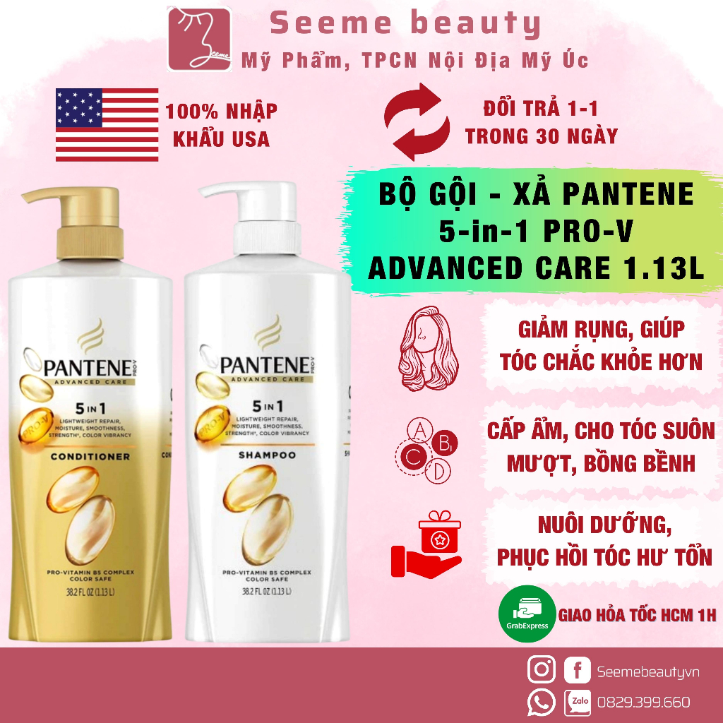 Dầu Gội, Xã Pantene 5 in 1 Pro-V Advanced Care 1.13L Làm Mềm Mượt, Phục Hồi, Dưỡng Tóc Chuyên Sâu Seeme Beauty