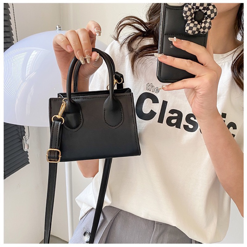 Túi Xách Nữ Đeo Chéo Mini Da Trơn Dáng Hộp Vuông 2Quai