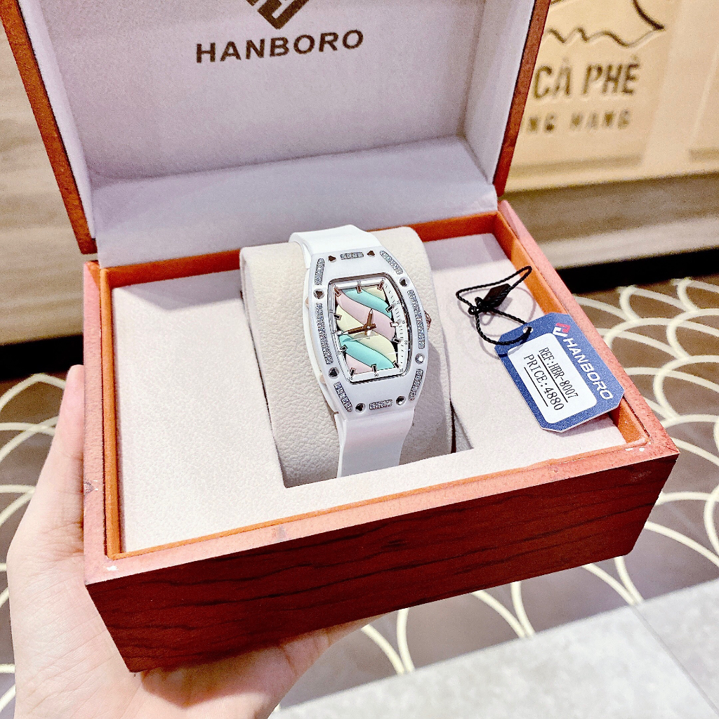 Đồng hồ nữ Hanboro By Huboler HBR-807 thiết kế sang chảnh 35mm, Dây cao su, Authentic, fullbox, Luxury diamond watch