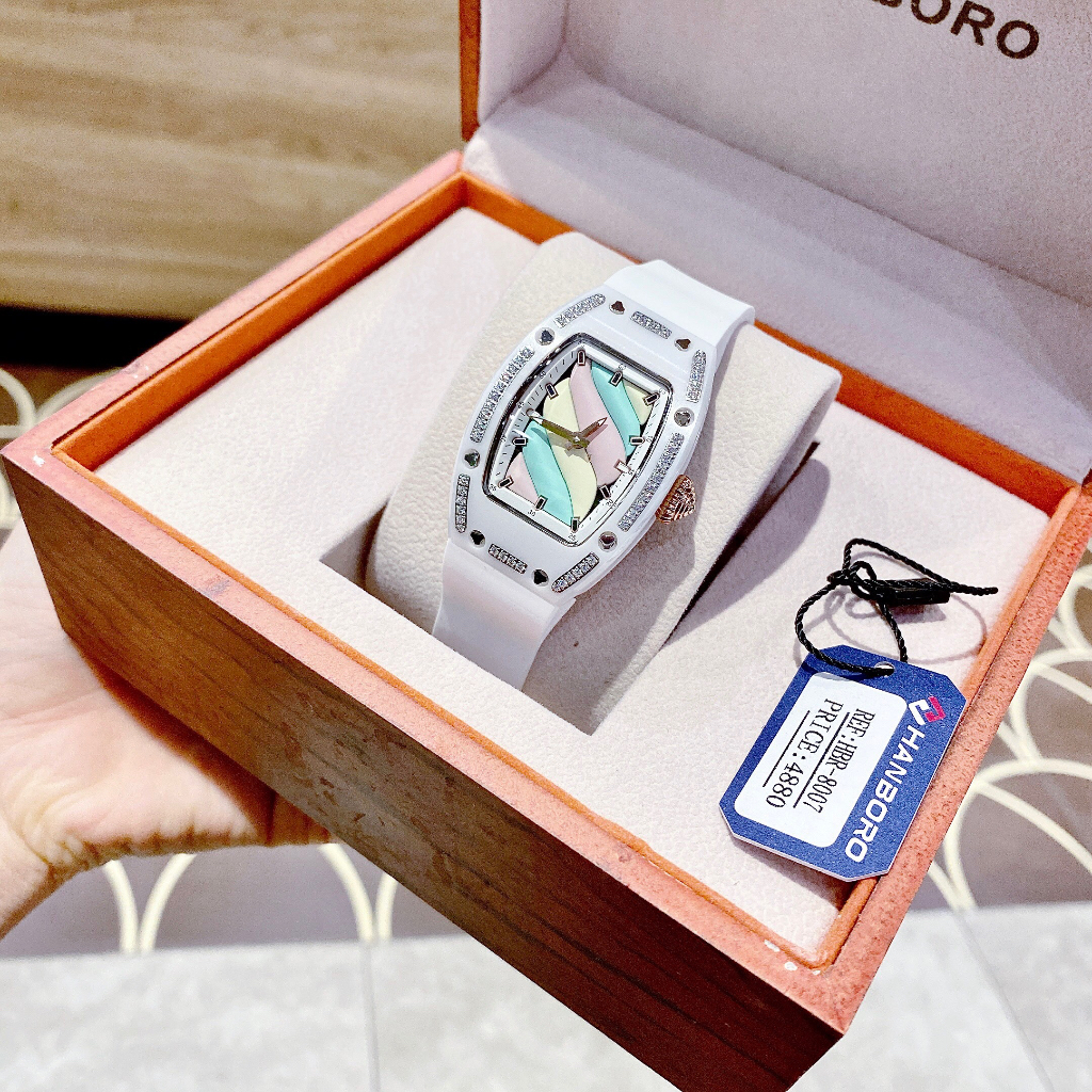Đồng hồ nữ Hanboro By Huboler HBR-807 thiết kế sang chảnh 35mm, Dây cao su, Authentic, fullbox, Luxury diamond watch