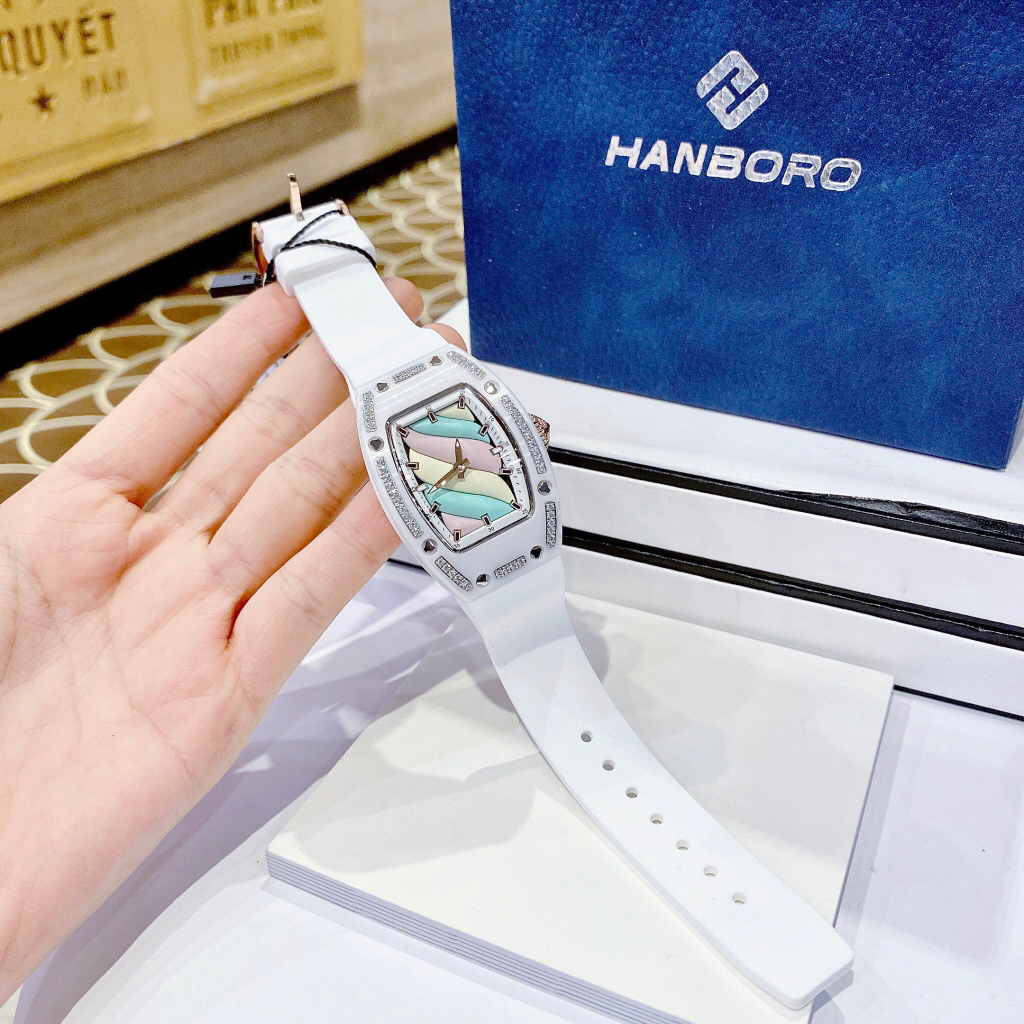 Đồng hồ nữ Hanboro By Huboler HBR-807 thiết kế sang chảnh 35mm, Dây cao su, Authentic, fullbox, Luxury diamond watch