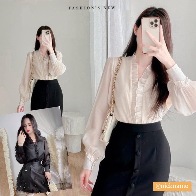 Áo Sơ Mi Tơ Óng Cao Cấp Phối Viền Bèo, May 2 lớp