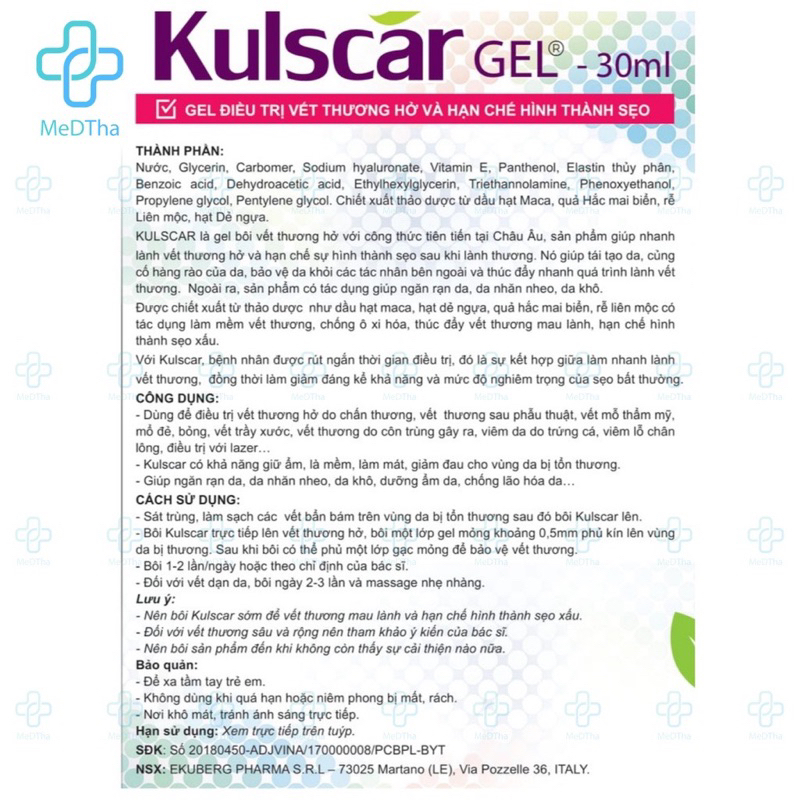Kulscar gel  của Ý giúp nhanh lành vết thương và hạn chế hình thành sẹo