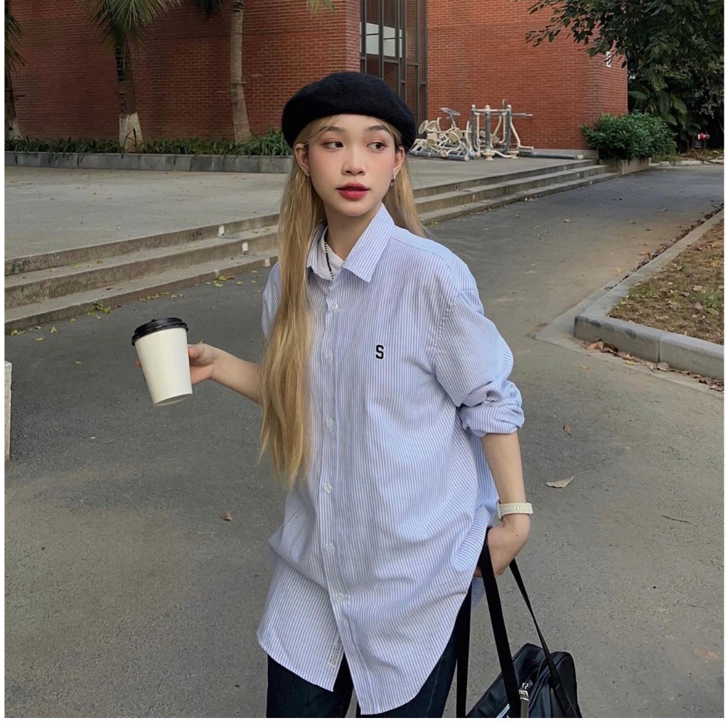 Áo sơ mi kẻ Joomate nam nữ mặc đôi unisex form rộng đẹp thêu chữ S 30711 p4k4