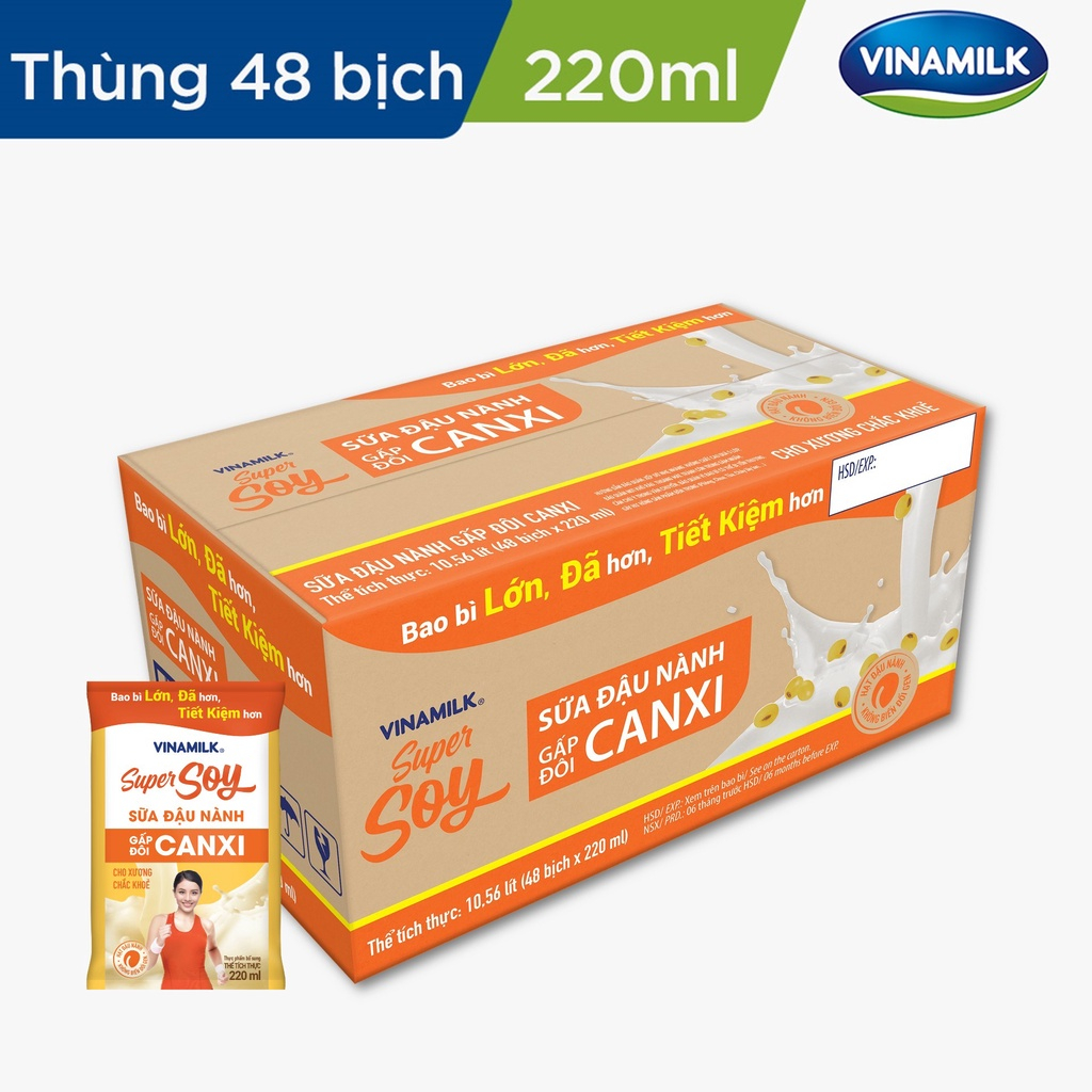 Thùng 48 bịch Sữa đậu nành Gấp đôi canxi Vinamilk Super Soy - bịch 220ml