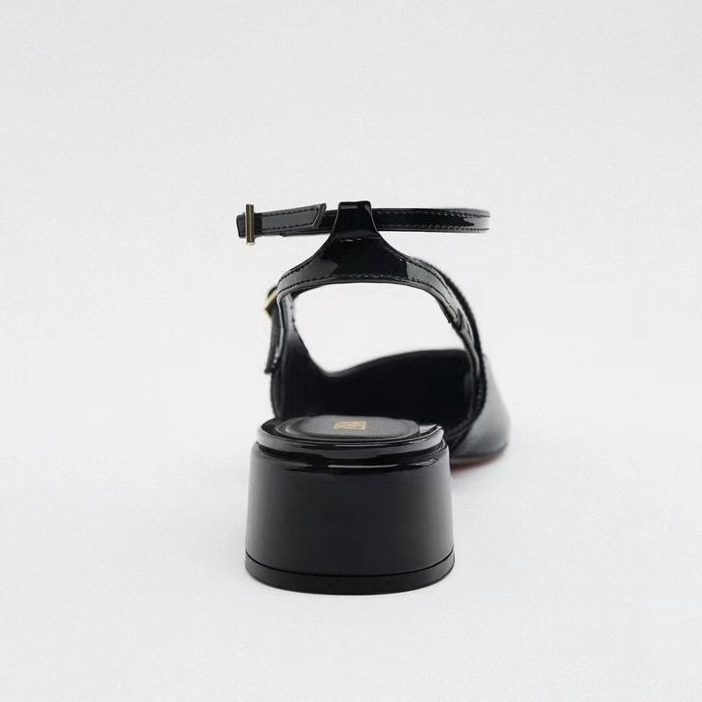 Giày nữ ZÊRA gót slingback mũi tròn đế bằng hàng full box đen bóng dễ kết hợp nhiều phong cách