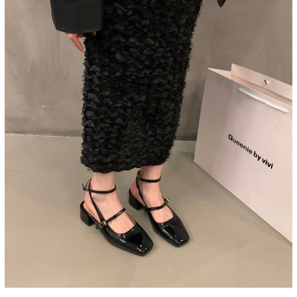 Giày nữ ZÊRA gót slingback mũi tròn đế bằng hàng full box đen bóng dễ kết hợp nhiều phong cách