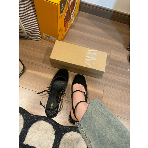 Giày nữ ZÊRA gót slingback mũi tròn đế bằng hàng full box đen bóng dễ kết hợp nhiều phong cách