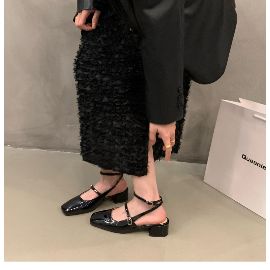 Giày nữ ZÊRA gót slingback mũi tròn đế bằng hàng full box đen bóng dễ kết hợp nhiều phong cách