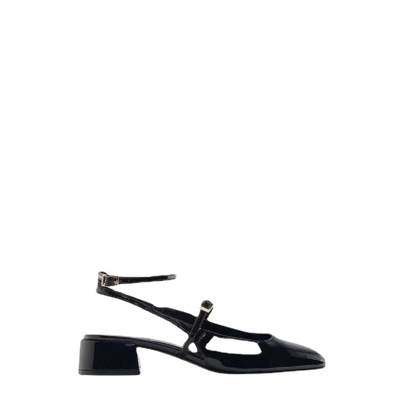 Giày nữ ZÊRA gót slingback mũi tròn đế bằng hàng full box đen bóng dễ kết hợp nhiều phong cách