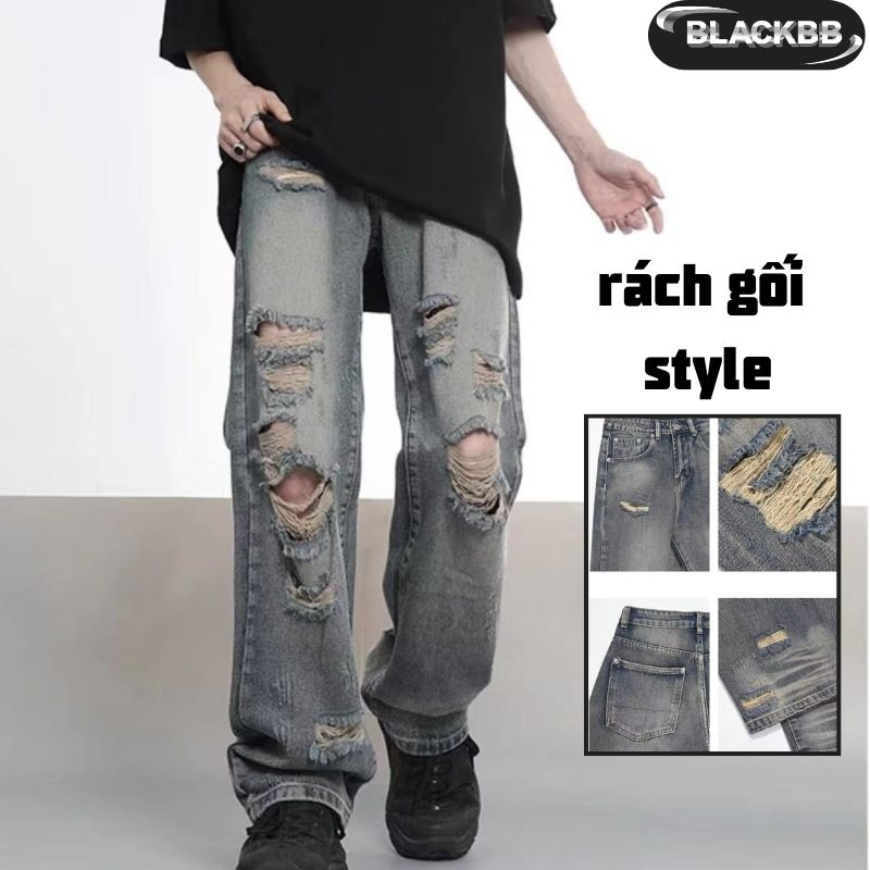 Quần jean rách gối nam đồ đôi Quần jean ôm thời trang quần bò rách gối hiphop retro quần jean nam ống rộng