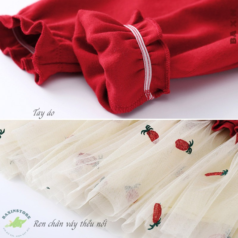 VÁY ĐẦM CÔNG CHÚA THIẾT KẾ AMILA DÀI TAY NÚT CÀI COTTON CHẦN BÔNG PHỐI VOAN THÊU CHÂN VÁY CHO BÉ GÁI, TRẺ EM.