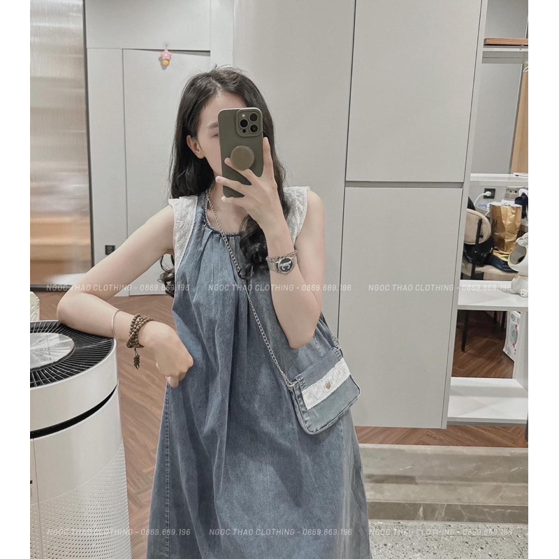 Váy Jean xuông tay ren kèm túi