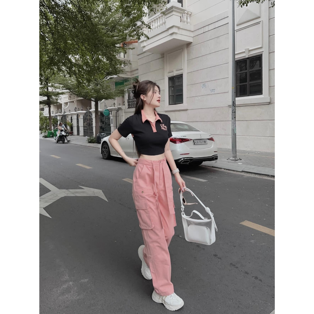 Set bộ đồ nữ áo croptop phối dây lưng eo phối quần suông rộng siêu xinh với 2 tone màu mix siêu hot hit