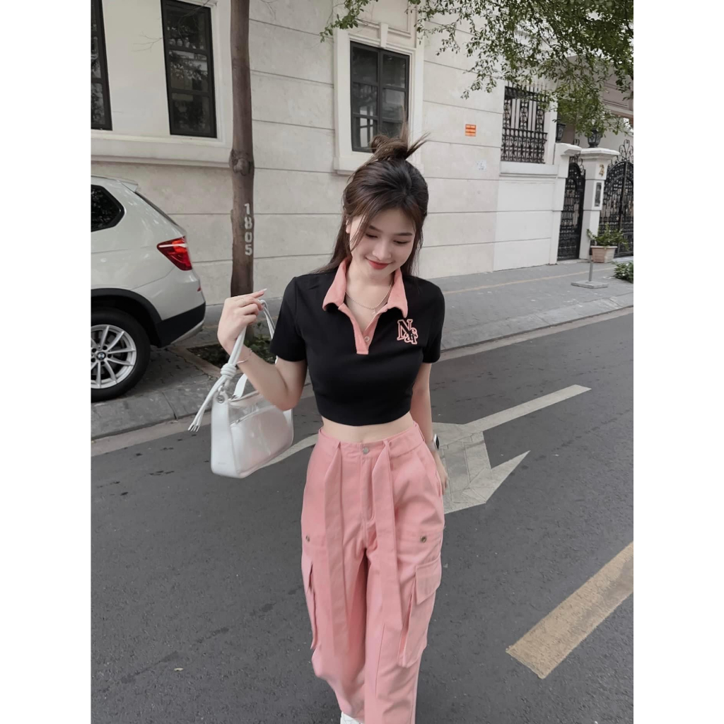 Set bộ đồ nữ áo croptop phối dây lưng eo phối quần suông rộng siêu xinh với 2 tone màu mix siêu hot hit