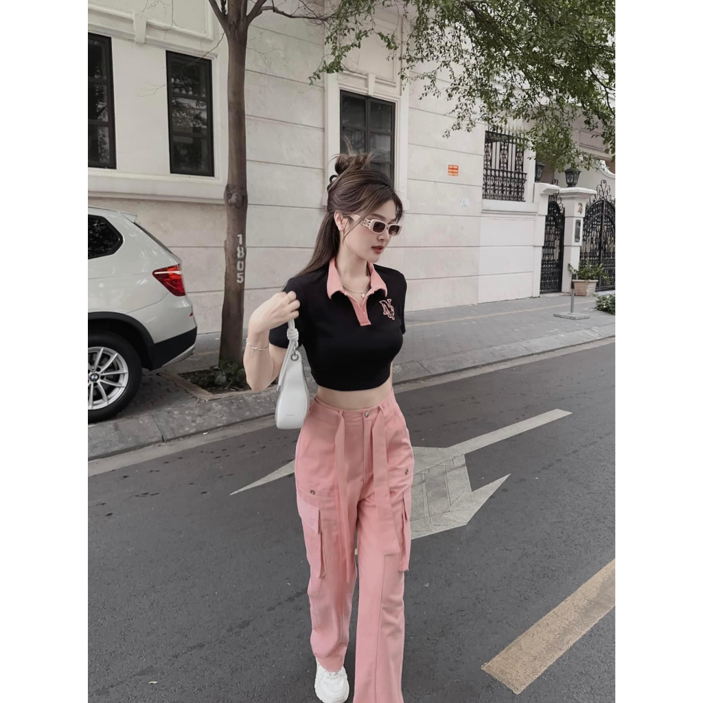 Set bộ đồ nữ áo croptop phối dây lưng eo phối quần suông rộng siêu xinh với 2 tone màu mix siêu hot hit