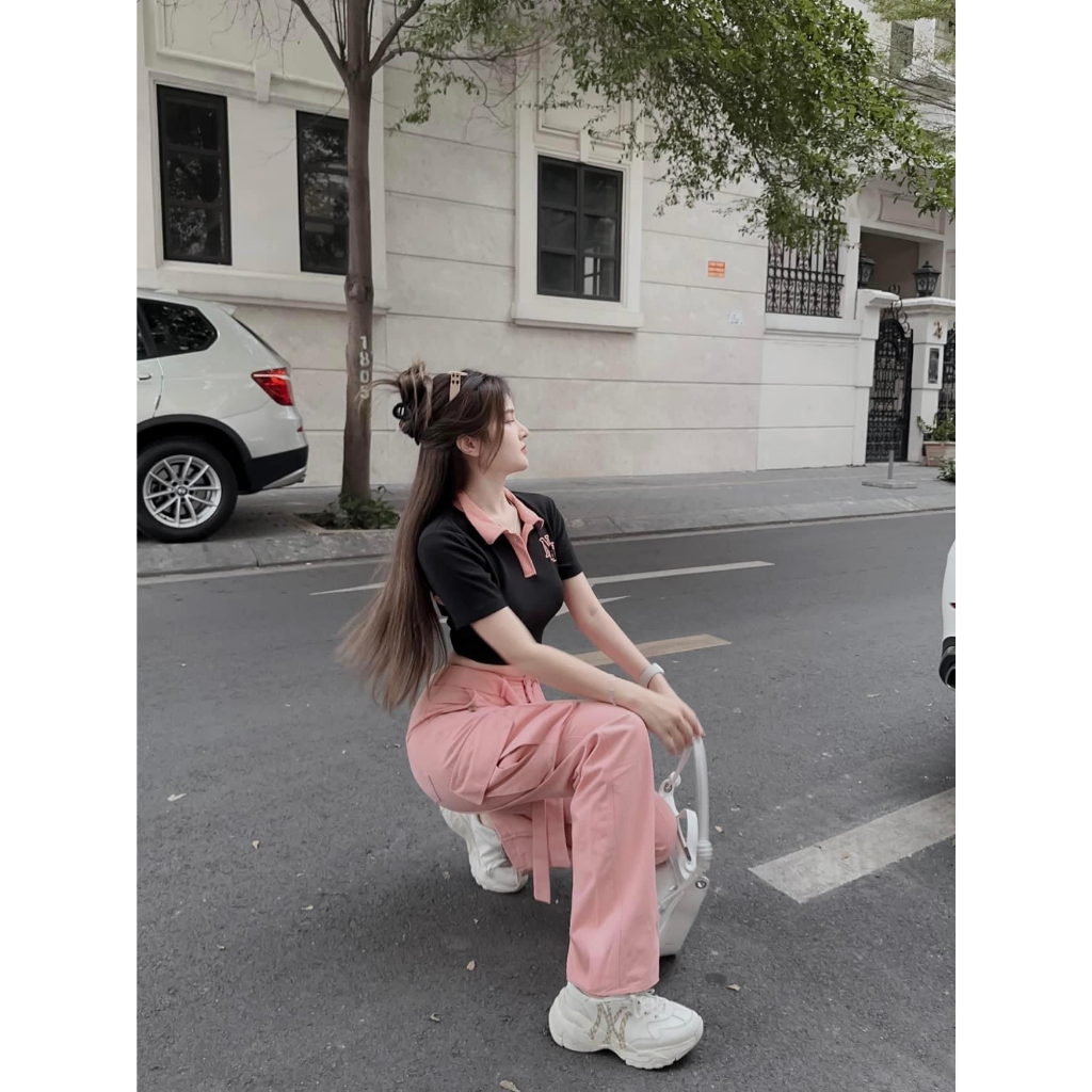 Set bộ đồ nữ áo croptop phối dây lưng eo phối quần suông rộng siêu xinh với 2 tone màu mix siêu hot hit