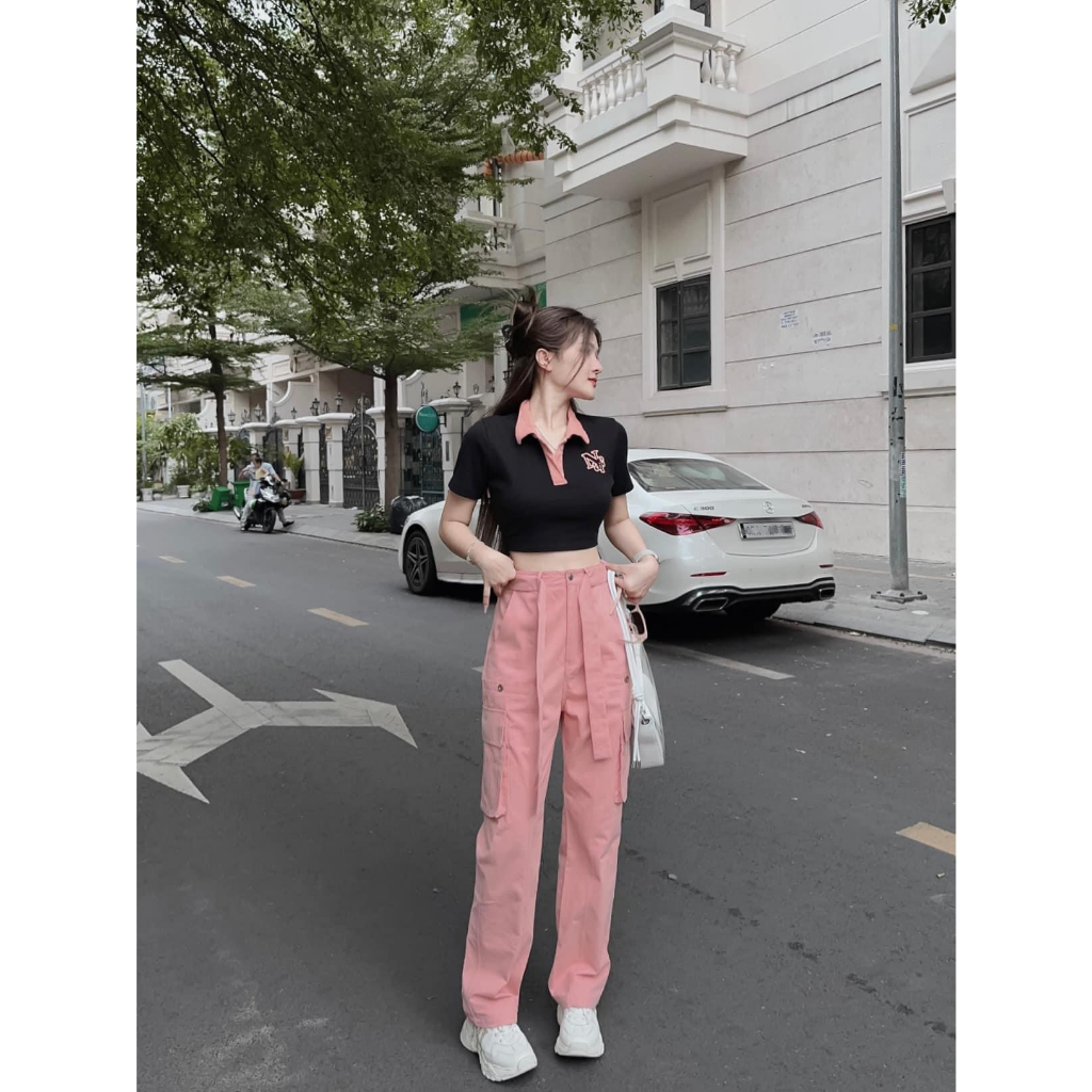 Set bộ đồ nữ áo croptop phối dây lưng eo phối quần suông rộng siêu xinh với 2 tone màu mix siêu hot hit