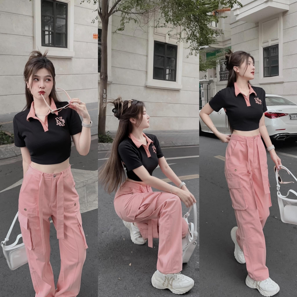Set bộ đồ nữ áo croptop phối dây lưng eo phối quần suông rộng siêu xinh với 2 tone màu mix siêu hot hit