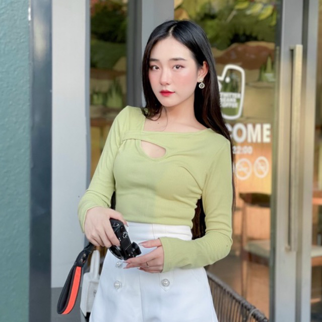 BlackFriday49 Áo thun tăm tay dài cut out độc đáo tông pastel ôm vừa vặn, sang trọng, quyến rũ, hàng thiết kế