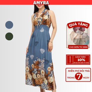 Đầm maxi trung niên mặc ở nhà dáng dài cho mẹ, thiết kế eo bo thun, Váy maxi đi biển họa tiết dáng dài MX008