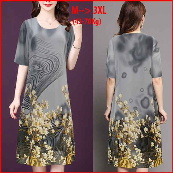 GOTI- Đầm Trung Niên Dáng Suông Giấu Bụng Form Chữ A Vải Voan 2 Lớp Có Túi Cho Mẹ U50 U60 3226 3340